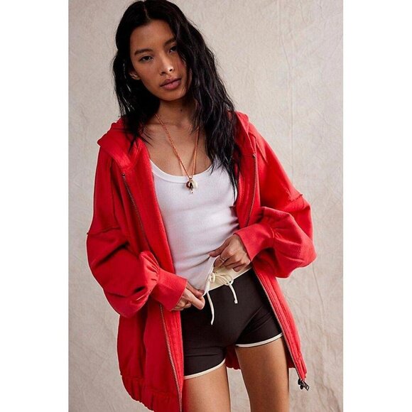 Free People Lucky Zip Up Hoodie Jacket Top Slouchy Oversized Ribbed XS 273614